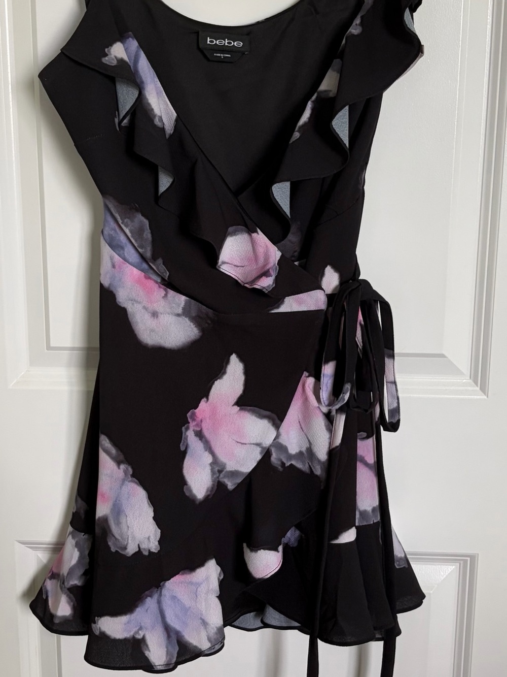 bebe Black Floral Ruffle Wrap Dress with Pink & Lavender Accents - Picture 2 of 5